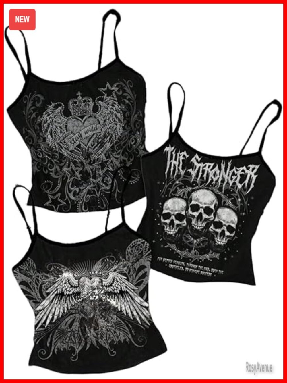 Vintage Graphic Crop Camisole Tops 3 Piece Set Y2K Punk Goth Tees